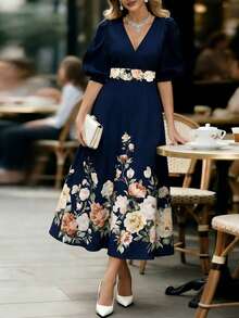 Balvessa 优雅通勤印花连衣裙 - 藏蓝色 - 查看 5