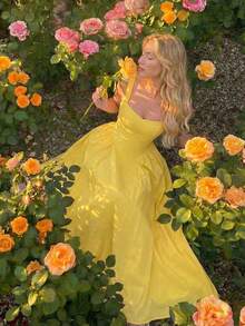 SHEIN MOD Vestido de talla grande con estilo retro de palacio, con dobladillo de paraguas, vestido de corsé - Amarillo - Ver 1