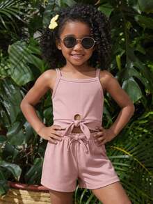 SHEIN 2pcs/Set Young Girl Light Pink Ribbed Knit Camisole And Shorts Set,Summer Matching Holiday Family Vacation Resort Wear Tweens Two Piece Outfits,Cute - Pink - View 1