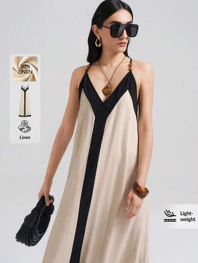 Ontre Đầm hở lưng phối màu tương phản dành cho nữ, bộ sưu tập Xuân/Hè 2026, thanh lịch, phù hợp cho công sở, thường ngày, đi làm hoặc đi nghỉ mát.