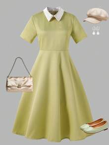 SHEIN Chân váy maxi dáng chữ A kiểu Pháp, cổ áo đính kim cương, chất liệu vải dệt jacquard, cạp cao ôm sát thanh lịch, thời trang và duyên dáng cho các cô gái tuổi teen mùa hè. - Hồng - Xem 8