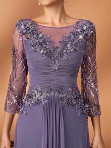 Aureia 优雅奢华的串珠亮片花卉刺绣网纱拼接弹力针织薄纱袖A字连衣裙，适合婚礼、派对、度假、新娘、新娘母亲、晚礼服等场合。 - 紫色 - 查看 3