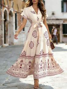 EMERY ROSE Elegant Long Woven Print Dress For Ladies - Apricot - View 1