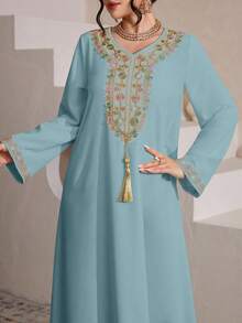 SHEIN Najma Damen eleganter, bunter, bestickter Quasten-Dekor, locker sitzender, bequemer Lässig Bademantel - Lichtblau - Übersicht 6