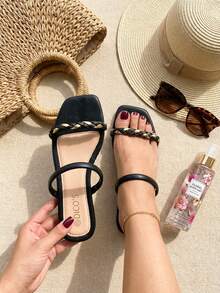 Women's Flat Braided Pull Sandals With Square Tip In Various Colors - Black - View 2