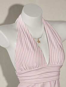 SHEIN ICON 露背吊带深V领收腰A字裙 - 粉色 - 查看 5