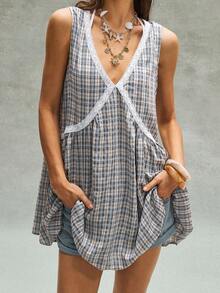 Bohemela 女士休闲格纹V领迷你连衣裙 - 藍白色 - 查看 3