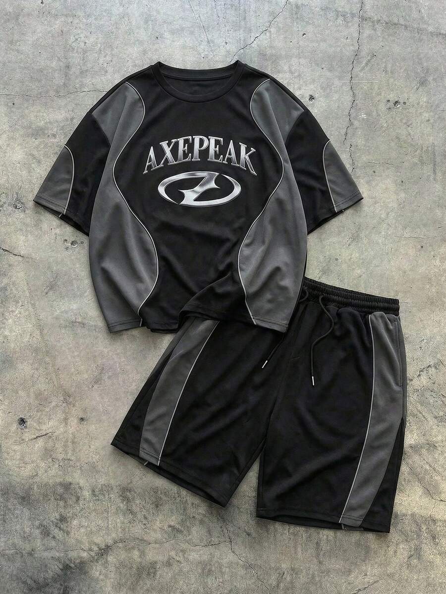 AXEPEAK 男士字母印花撞色圆领短袖T恤和抽绳腰短裤休闲套装 - 黑色 - 查看 1