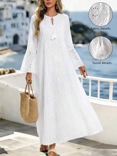 Yasmyna 夏季撞色孔眼刺绣喇叭袖连衣裙，适度长袖超长夏季卡夫坦束腰连衣裙