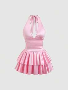 Sweetra Đầm satin co giãn cổ yếm buộc eo dành cho nữ mùa xuân/hè, trang phục thường ngày thoải mái, gợi cảm và ngọt ngào cho kỳ nghỉ. - Màu Hồng baby - Xem 1