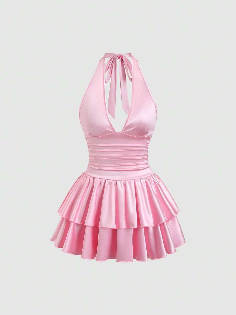 Sweetra Đầm satin co giãn cổ yếm buộc eo dành cho nữ mùa xuân/hè, trang phục thường ngày thoải mái, gợi cảm và ngọt ngào cho kỳ nghỉ. - Màu Hồng baby - Xem 1