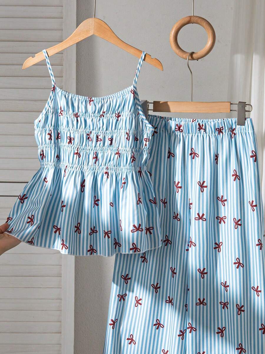 Bộ 2 món cho bé gái tuổi teen: áo hai dây và quần ống rộng, họa tiết sọc và nơ, eo chun, trang phục mùa hè thường ngày. - Màu xanh lam - Xem 1