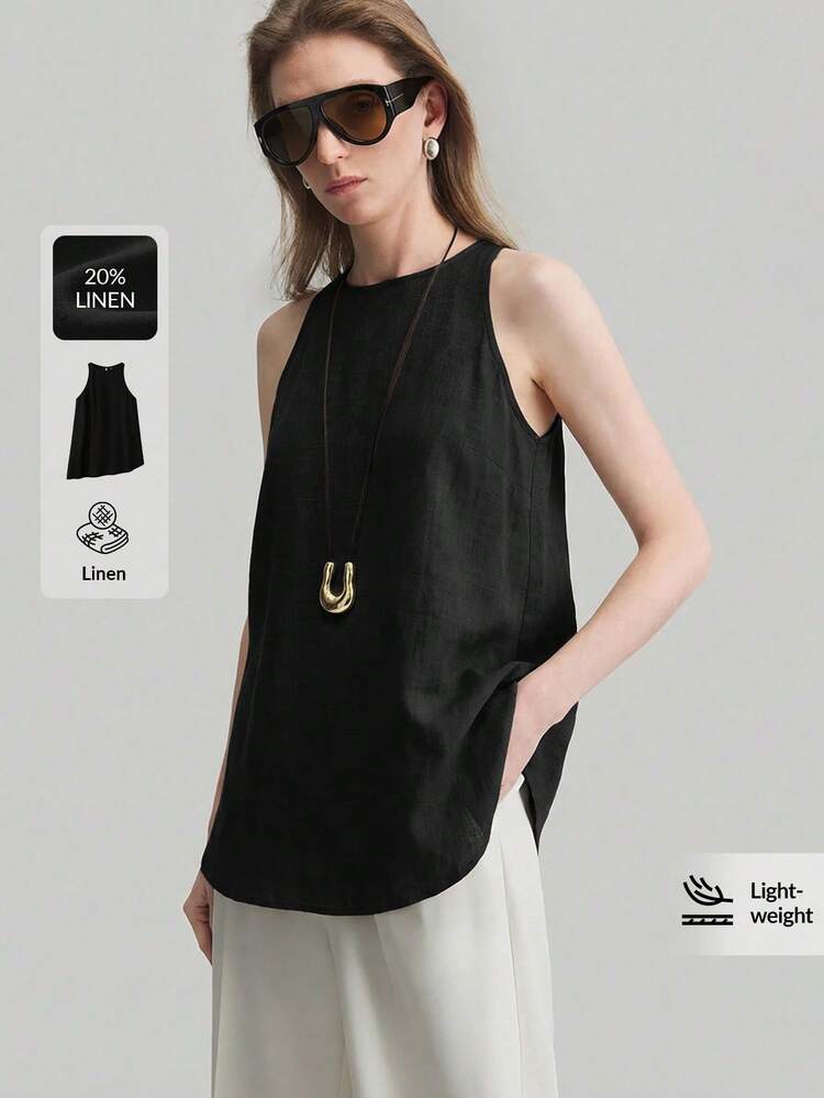 2026SS New Summer Women's Solid Color Comfortable Casual Style Round Neck Hollow Out Sleeveless Linen Material Tank Top, Suitable For Urban Commute, Business Casual, Holiday, Wedding Guest, Party, Beach Vacation