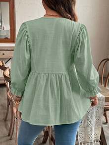 SHEIN Áo sơ mi bầu màu trơn cổ tròn tay lửng 3/4 cài một hàng khuy kiểu dáng thường ngày - Màu xanh Bạc hà - Xem 2