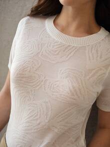 MOTF PREMIUM UNIQUE DELICATE HOLLOW-OUT JACQUARD KNIT SHORT SLEEVE SOFT & LIGHTWEIGHT KNIT TOP - White - View 7