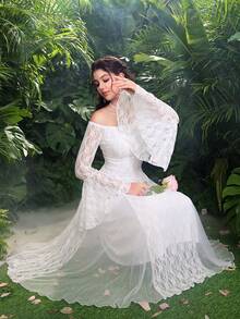Modelyn French White Lace Off-Shoulder Long Sleeve Mesh Flared Dress - Pearl White - View 8