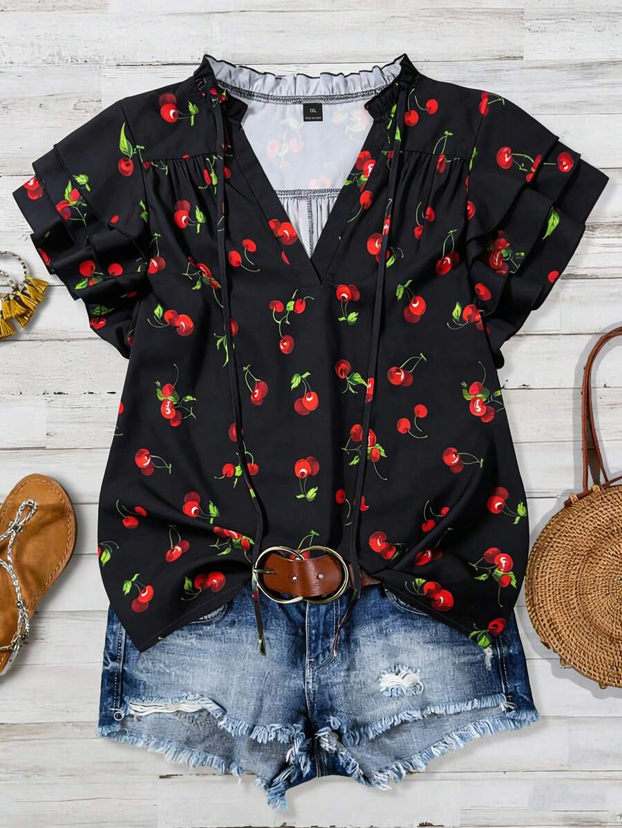 Linhara Plus-Size Women's Woven Casual Vacation Summer Shirt - Black - View 1