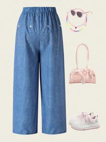 Sparklyn 休闲时尚卡通印花仿牛仔弹力腰阔腿裤，适合青少年女孩，宽松舒适，适合秋季、春季、夏季日常穿着、通勤、户外活动、篮球、足球、上学、街头风、派对、拍照等场合。 - 藍色 - 查看 2