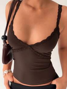 Aloruh 女士酒红色蕾丝拼接深V领修身吊带背心 - 咖啡棕 - 查看 4