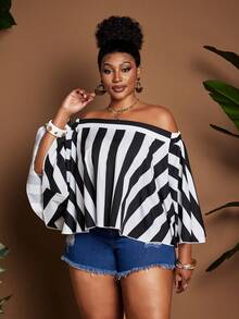 Maweii 大码女式露肩条纹休闲百搭日常上衣 - 黑與白 - 查看 4