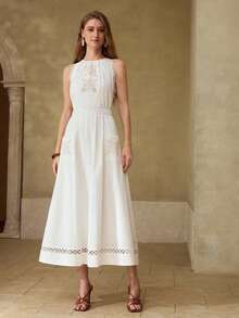 MOTF PREMIUM Đầm dài không tay bằng cotton, kiểu dáng thời trang, tinh tế, thêu ren, viền ren dành cho nữ. - trắng - Xem 4