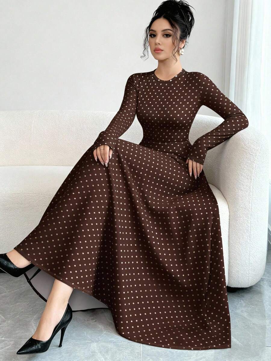 Modelyn Polka Dot Pattern Digital Print Coffee Color Fashionable Round Neck Long Sleeve A-Line Dress For Women, Spring - Multicolor - View 1