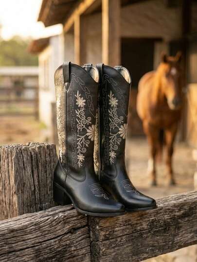 Botas vaqueras con bordado de flores tacón bajo y cómodo, botas wetsern comodas y resistentes suela antideslizante