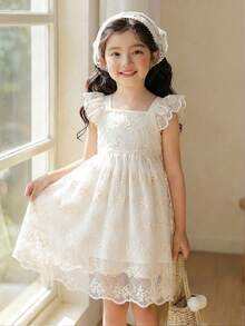 SHEIN Vintaside Kids Girls' Sweet French Style Hollow Back + Cap Sleeve Floral Embroidered Mesh Dress, Summer Cream Girls Dress Little Girl Lace Dress Lace Dress For Kids Girls Ivory Dress Heirloom Dress Girls - White - View 3
