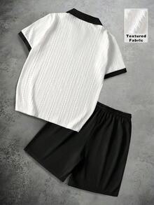 Manfinity Homme 男士撞色V领短袖T恤套装（2件装）搭配抽绳松紧腰短裤，休闲百搭，适合度假、日常办公、约会、聚会等场合，简约风格，经典山本耀司设计，自穿或送礼皆宜，必备单品 - 彩色 - 查看 2