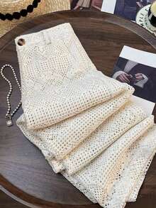 GlowEve 时尚新款优雅蕾丝镂空拉链前开合女式休闲裤 - 杏色 - 查看 4