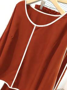 EMERY ROSE Plus Size Women 2 Pieces Set, Contrast Color Round Neck Long Sleeve Top And Pants, Casual Daily Wear - Orange - View 4