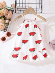 SHEIN Playful Pals 女婴夏季西瓜印花无袖连衣裙，白色底，可爱清新设计，适合夏季郊游、海滩旅行和日常穿着。 - 白色 - 查看 2