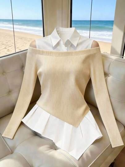 Franclia Classic Black & White Contrast Color 2 In 1 Cold Shoulder Long Sleeve Top, Minimalist & Fashionable