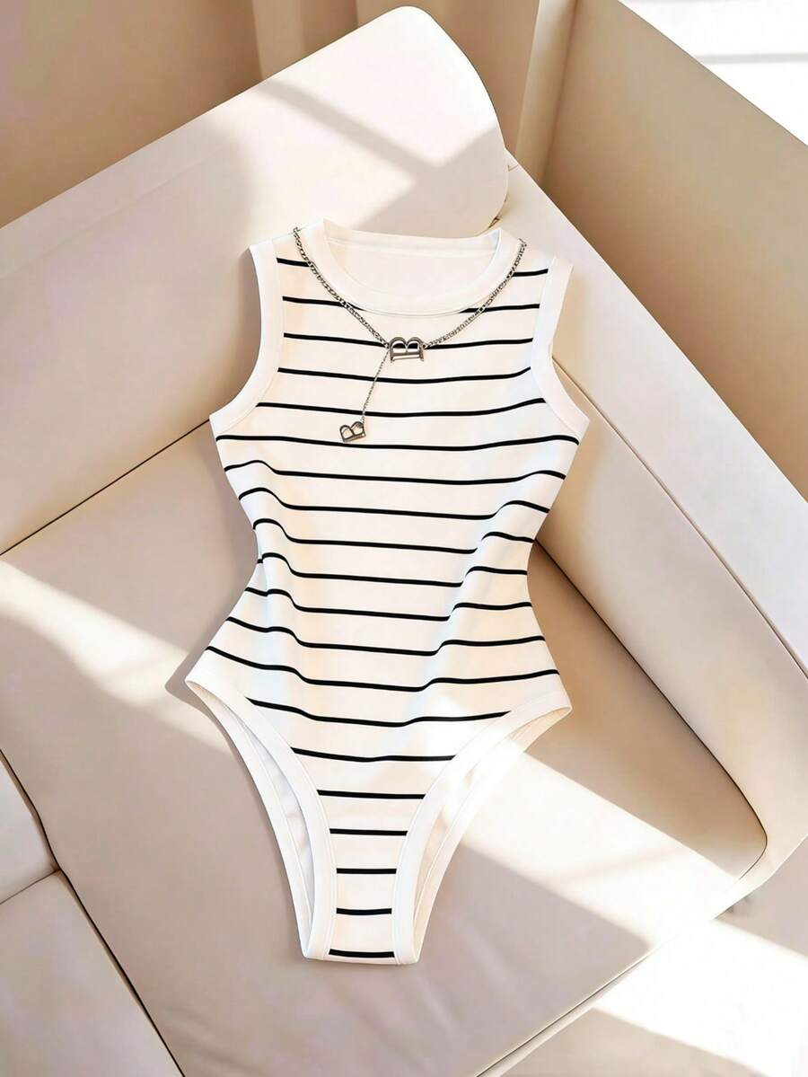 GlowEve Women's Spring/Summer Bodysuit, Women's Round Neck Camisole Bodysuit, Knit Fitted Women's Bodysuit, Striped Bodysuit, Casual Daily Wear, Women's Summer Bodysuit, Vacation Beach Bodysuit, Can Be Worn Alone Or Paired With Bottoms - White - View 1