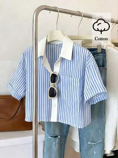 Franclia Striped Contrast Color Loose Casual Shirt, Rolled Cuff, Linen Texture, Women