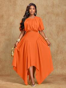 Brilight Women's Beach Vacation Style Puff Sleeve Ruched Waist-Cinching Blosue And Asymmetric Hem Handkerchief-Hem Structured Panel Maxi Skirt Two Pieces Outfit,Perfect For Commute And Vacation,Music Festival Sexy Club School - Orange - View 3