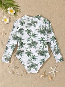 SHEIN Bộ đồ bơi liền thân cho bé gái tuổi teen, in hình cây dừa xanh, thích hợp cho bơi lội, mùa hè và kỳ nghỉ biển. - màu xanh lá - Xem 2