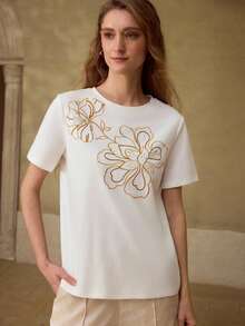 MOTF PREMIUM 女士刺绣花卉图案优雅百搭夏季T恤 - 白色 - 查看 4