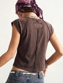 Bohemela Women's Casual Solid Color Knit Short Sleeve Fitted Washed T-Shirt,Summer Top - Coffee Brown - View 2