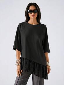 LYSMO 2026 New Minimalist Spring Women's Round Neck Lace Patchwork Casual Everyday Mid-Sleeve T-Shirt, 2026 New Black T-Shirt For Summer Women - Black - View 7