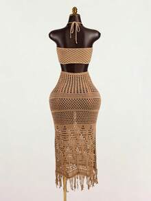 SaltGleam SaltGleam Women's Summer Vacation Hollow-Out Sequin Fringe Hem Halter Knit Dress - Khaki - View 2