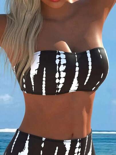 Swim Lushoire Sexy Black & White Ombre Spaghetti Strap Bandeau Bikini Top, Summer Vacation