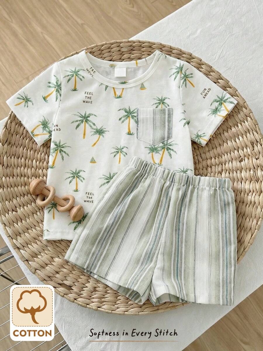 Cozy Pixies 两件套男婴植物花卉图案装饰口袋圆领短袖上衣和松紧腰裤套装 - 彩色 - 查看 1