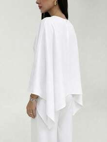 Aloruh Boat Neck Voluminous Sleeve Cinched Waist Commuter Shirt - White - View 2