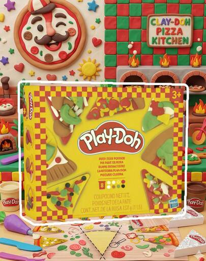 Hasbro Modeling Clay Pizza Kitchen Playset With Tools And Accessories, 8 Color Soft Molding Dough Kit 1lb, DIY Food Craft Activity Set With Cutters And Molds, Creative Role Play Art Compound Gift Idea