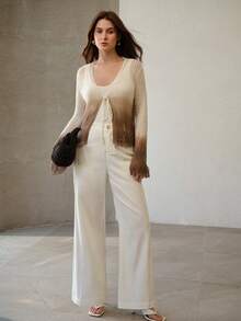 MOTF PREMIUM WOMEN'S OMBRE PATTERN V-NECK HOLLOW TIE-UP FLARE SLEEVE KNIT CARDIGAN, SPRING/SUMMER - White - View 7