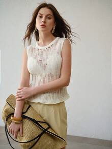 MOTF PREMIUM FRENCH LUXURY SPRING/SUMMER DISTRESSED CROCHET SLEEVELESS RUFFLE TRIM KNIT TOP - White - View 6