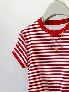 少女条纹印花针织T恤，休闲红白条纹T恤，适合夏季，个性化T恤，女孩图案T恤，适合春夏穿着，轻盈舒适，充满春日气息，夏日气息 - 彩色 - 查看 3