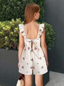 SHEIN Tween Girl Casual Daily Versatile Comfortable Fitted Floral Print Ruffle Back Bow Decor Jumpsuit Tween Girl - Apricot - View 6
