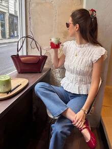 Pariaura Women's Pure White Textured Cap Sleeve Collared Shirt, Soft & Elegant White Ruffle Top White Boho Top White Elegant Top Lace White Top Eyelet Top - White - View 1